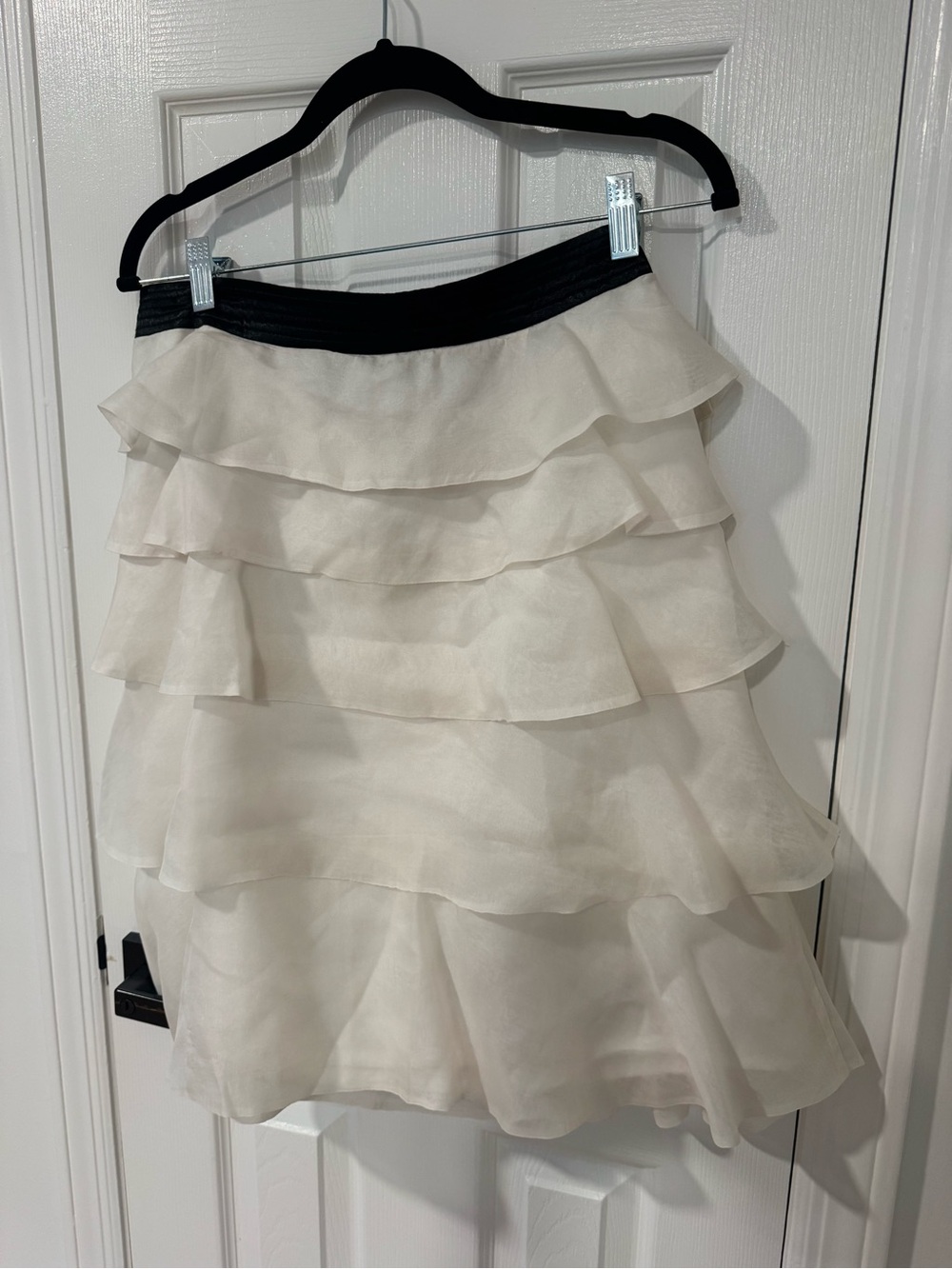 Zara white Tiered Ruffle Skater Skirt with Black Waistband